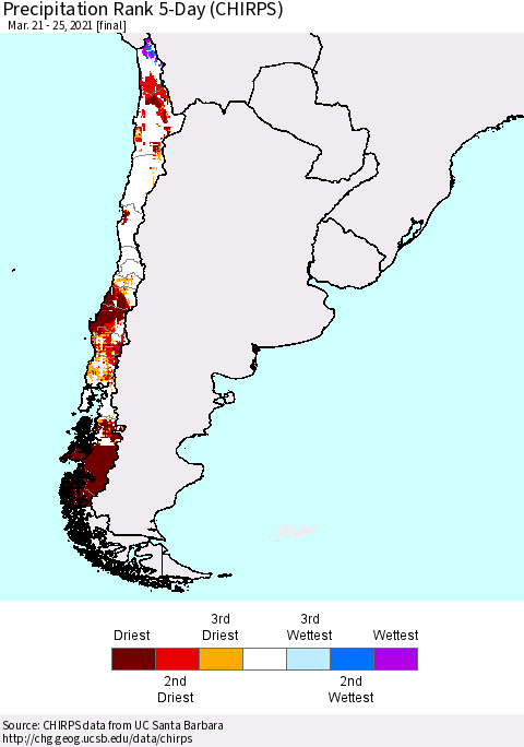 Chile Precipitation Rank 5-Day (CHIRPS) Thematic Map For 3/21/2021 - 3/25/2021