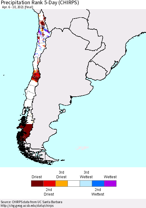 Chile Precipitation Rank since 1981, 5-Day (CHIRPS) Thematic Map For 4/6/2021 - 4/10/2021