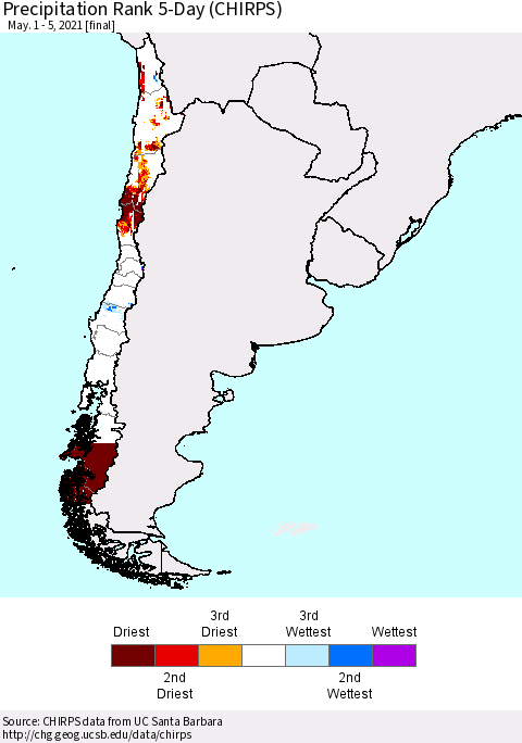 Chile Precipitation Rank since 1981, 5-Day (CHIRPS) Thematic Map For 5/1/2021 - 5/5/2021