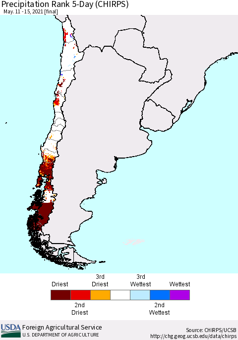 Chile Precipitation Rank since 1981, 5-Day (CHIRPS) Thematic Map For 5/11/2021 - 5/15/2021