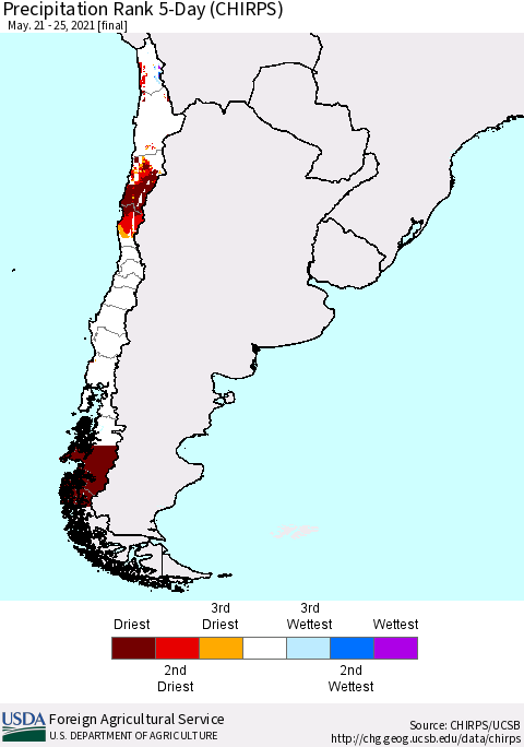 Chile Precipitation Rank since 1981, 5-Day (CHIRPS) Thematic Map For 5/21/2021 - 5/25/2021