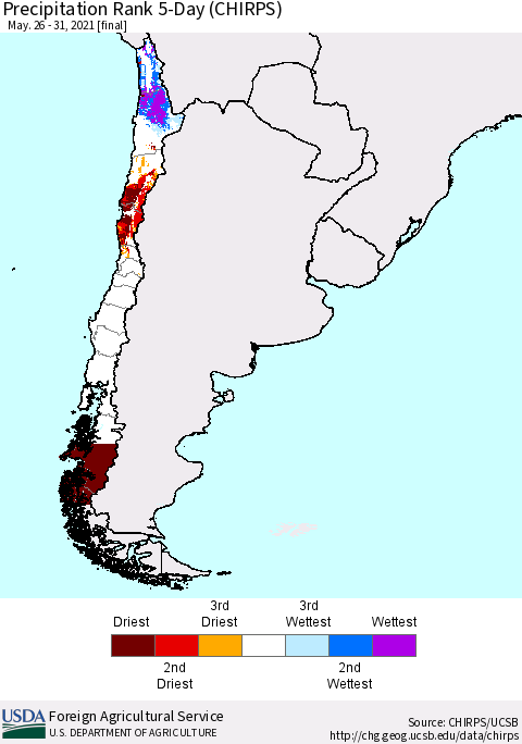 Chile Precipitation Rank 5-Day (CHIRPS) Thematic Map For 5/26/2021 - 5/31/2021