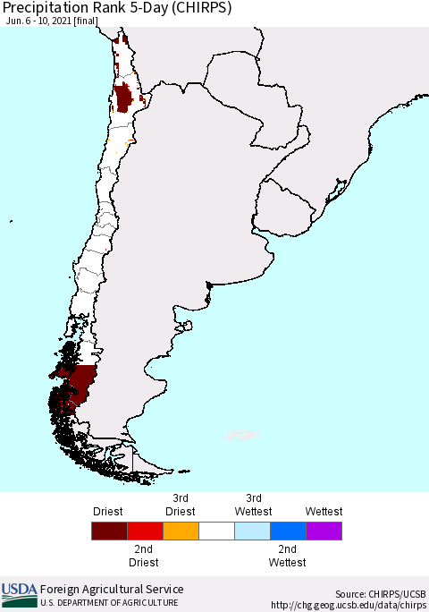 Chile Precipitation Rank since 1981, 5-Day (CHIRPS) Thematic Map For 6/6/2021 - 6/10/2021