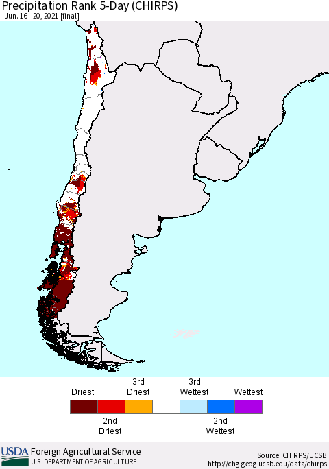 Chile Precipitation Rank 5-Day (CHIRPS) Thematic Map For 6/16/2021 - 6/20/2021