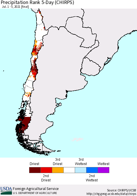 Chile Precipitation Rank since 1981, 5-Day (CHIRPS) Thematic Map For 7/1/2021 - 7/5/2021