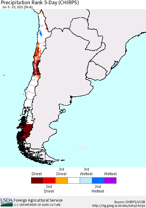 Chile Precipitation Rank 5-Day (CHIRPS) Thematic Map For 7/6/2021 - 7/10/2021
