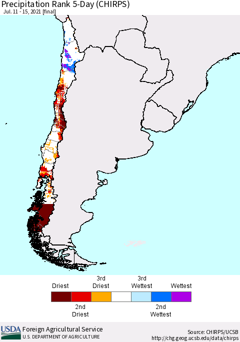 Chile Precipitation Rank since 1981, 5-Day (CHIRPS) Thematic Map For 7/11/2021 - 7/15/2021
