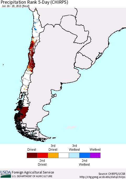 Chile Precipitation Rank since 1981, 5-Day (CHIRPS) Thematic Map For 7/16/2021 - 7/20/2021