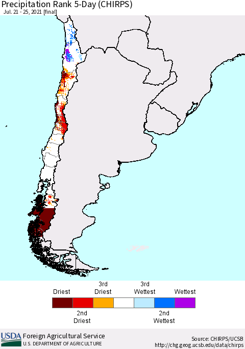 Chile Precipitation Rank 5-Day (CHIRPS) Thematic Map For 7/21/2021 - 7/25/2021
