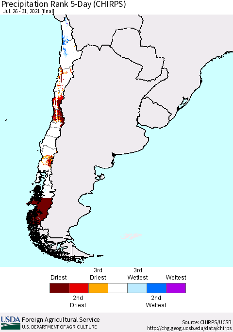 Chile Precipitation Rank since 1981, 5-Day (CHIRPS) Thematic Map For 7/26/2021 - 7/31/2021