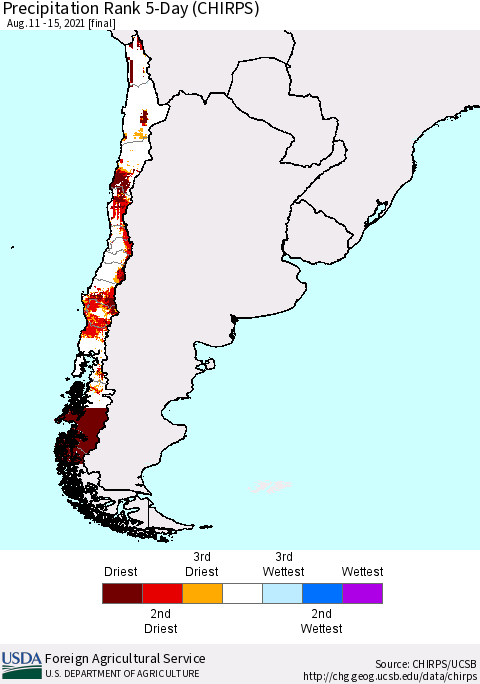 Chile Precipitation Rank since 1981, 5-Day (CHIRPS) Thematic Map For 8/11/2021 - 8/15/2021