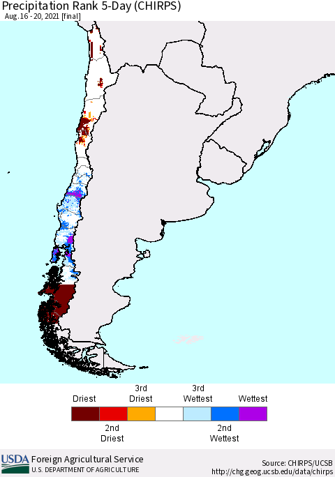 Chile Precipitation Rank 5-Day (CHIRPS) Thematic Map For 8/16/2021 - 8/20/2021