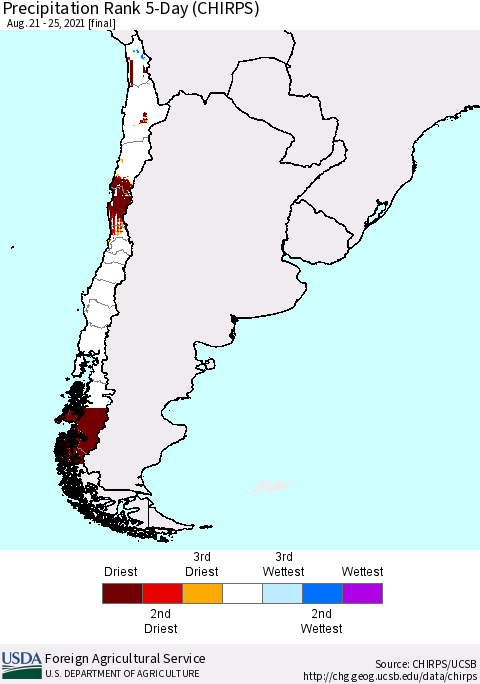 Chile Precipitation Rank since 1981, 5-Day (CHIRPS) Thematic Map For 8/21/2021 - 8/25/2021