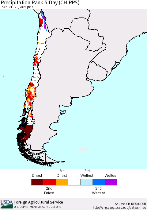 Chile Precipitation Rank since 1981, 5-Day (CHIRPS) Thematic Map For 9/21/2021 - 9/25/2021