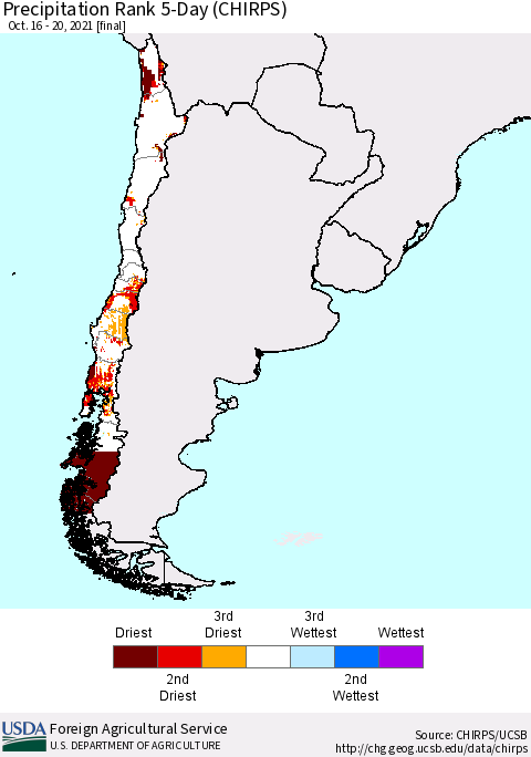 Chile Precipitation Rank 5-Day (CHIRPS) Thematic Map For 10/16/2021 - 10/20/2021