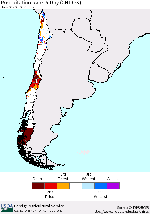 Chile Precipitation Rank since 1981, 5-Day (CHIRPS) Thematic Map For 11/21/2021 - 11/25/2021