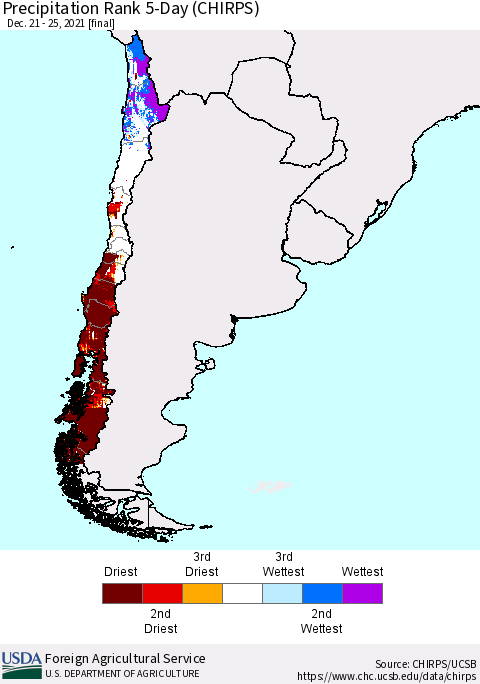 Chile Precipitation Rank 5-Day (CHIRPS) Thematic Map For 12/21/2021 - 12/25/2021