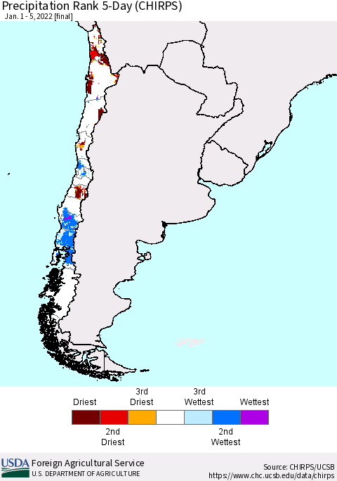 Chile Precipitation Rank 5-Day (CHIRPS) Thematic Map For 1/1/2022 - 1/5/2022