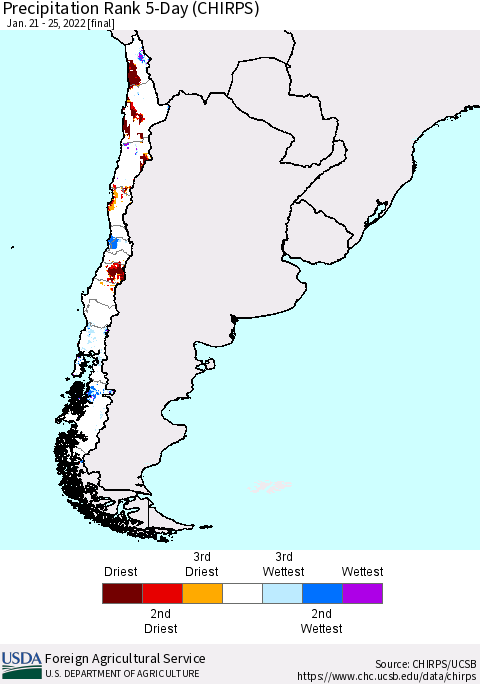 Chile Precipitation Rank since 1981, 5-Day (CHIRPS) Thematic Map For 1/21/2022 - 1/25/2022