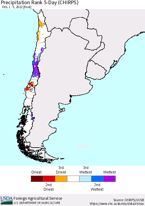 Chile Precipitation Rank 5-Day (CHIRPS) Thematic Map For 2/1/2022 - 2/5/2022