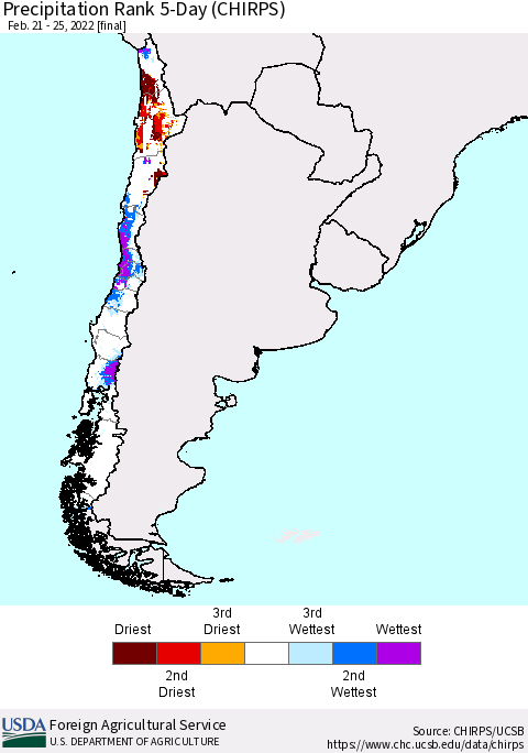 Chile Precipitation Rank 5-Day (CHIRPS) Thematic Map For 2/21/2022 - 2/25/2022