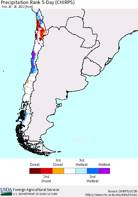 Chile Precipitation Rank 5-Day (CHIRPS) Thematic Map For 2/26/2022 - 2/28/2022