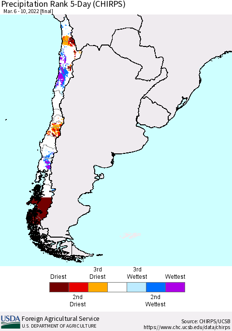 Chile Precipitation Rank 5-Day (CHIRPS) Thematic Map For 3/6/2022 - 3/10/2022