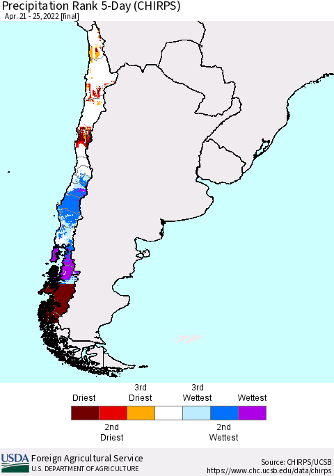 Chile Precipitation Rank since 1981, 5-Day (CHIRPS) Thematic Map For 4/21/2022 - 4/25/2022