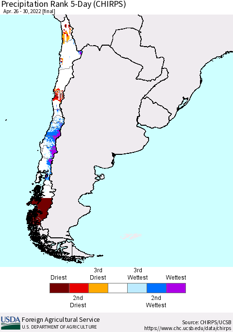 Chile Precipitation Rank 5-Day (CHIRPS) Thematic Map For 4/26/2022 - 4/30/2022