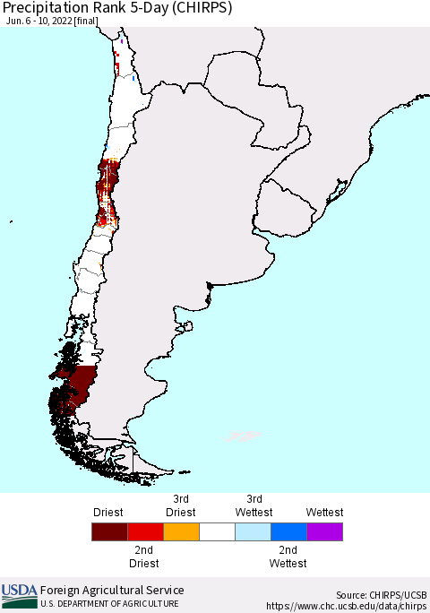 Chile Precipitation Rank since 1981, 5-Day (CHIRPS) Thematic Map For 6/6/2022 - 6/10/2022