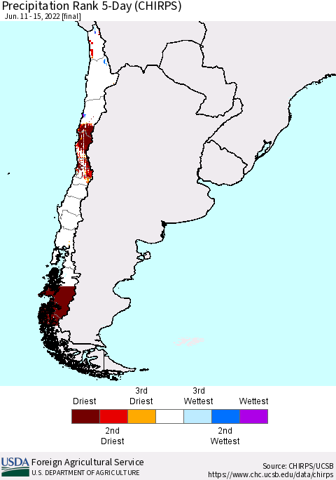 Chile Precipitation Rank 5-Day (CHIRPS) Thematic Map For 6/11/2022 - 6/15/2022