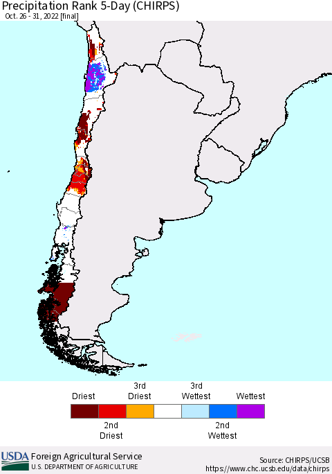 Chile Precipitation Rank 5-Day (CHIRPS) Thematic Map For 10/26/2022 - 10/31/2022