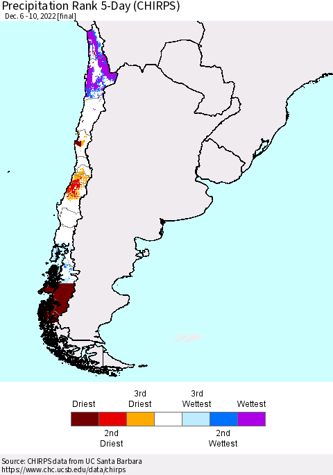 Chile Precipitation Rank since 1981, 5-Day (CHIRPS) Thematic Map For 12/6/2022 - 12/10/2022