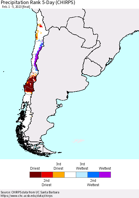 Chile Precipitation Rank 5-Day (CHIRPS) Thematic Map For 2/1/2023 - 2/5/2023
