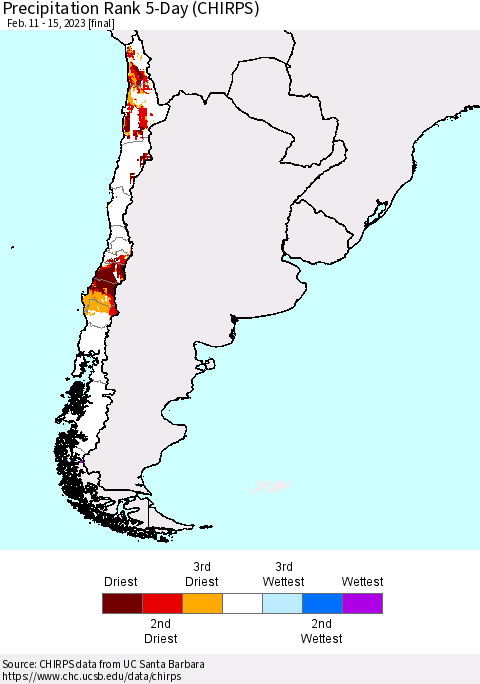 Chile Precipitation Rank since 1981, 5-Day (CHIRPS) Thematic Map For 2/11/2023 - 2/15/2023