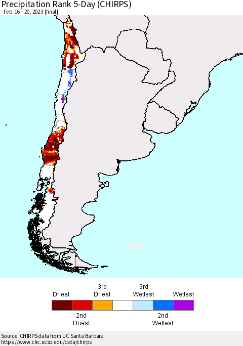 Chile Precipitation Rank since 1981, 5-Day (CHIRPS) Thematic Map For 2/16/2023 - 2/20/2023