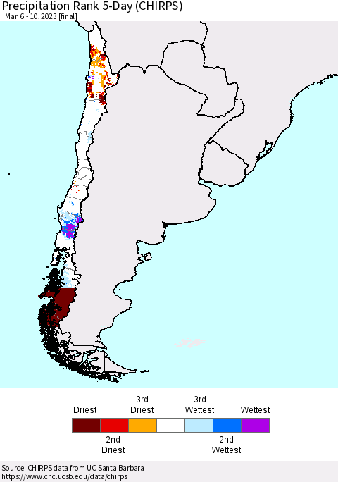 Chile Precipitation Rank since 1981, 5-Day (CHIRPS) Thematic Map For 3/6/2023 - 3/10/2023