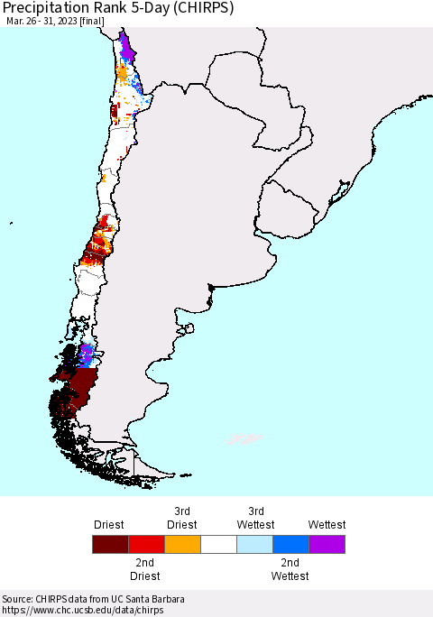 Chile Precipitation Rank since 1981, 5-Day (CHIRPS) Thematic Map For 3/26/2023 - 3/31/2023