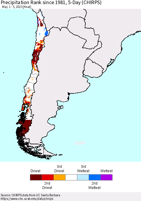 Chile Precipitation Rank since 1981, 5-Day (CHIRPS) Thematic Map For 5/1/2023 - 5/5/2023