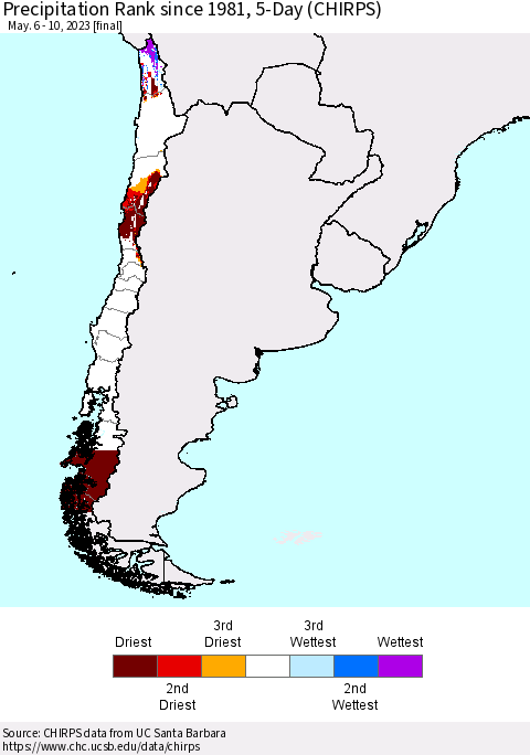 Chile Precipitation Rank since 1981, 5-Day (CHIRPS) Thematic Map For 5/6/2023 - 5/10/2023