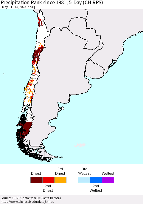 Chile Precipitation Rank since 1981, 5-Day (CHIRPS) Thematic Map For 5/11/2023 - 5/15/2023