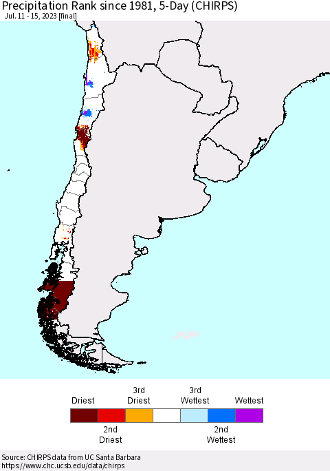 Chile Precipitation Rank since 1981, 5-Day (CHIRPS) Thematic Map For 7/11/2023 - 7/15/2023