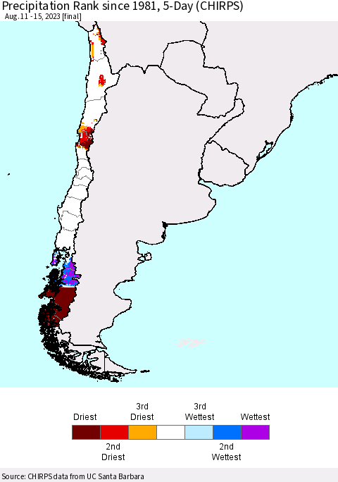 Chile Precipitation Rank since 1981, 5-Day (CHIRPS) Thematic Map For 8/11/2023 - 8/15/2023