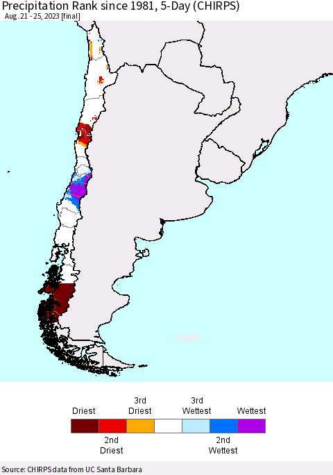 Chile Precipitation Rank since 1981, 5-Day (CHIRPS) Thematic Map For 8/21/2023 - 8/25/2023