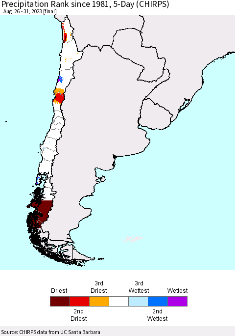 Chile Precipitation Rank since 1981, 5-Day (CHIRPS) Thematic Map For 8/26/2023 - 8/31/2023