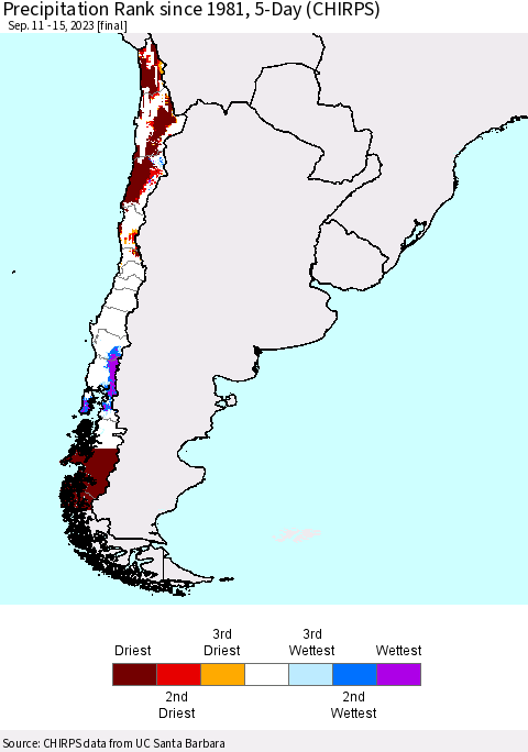 Chile Precipitation Rank since 1981, 5-Day (CHIRPS) Thematic Map For 9/11/2023 - 9/15/2023