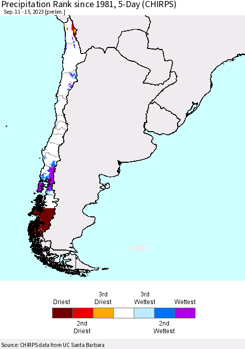 Chile Precipitation Rank since 1981, 5-Day (CHIRPS) Thematic Map For 9/11/2023 - 9/15/2023