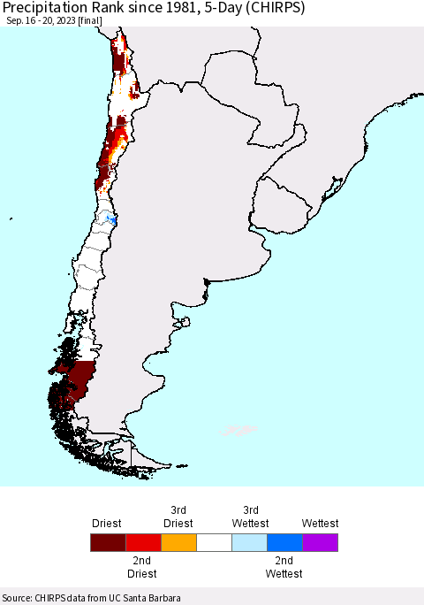 Chile Precipitation Rank since 1981, 5-Day (CHIRPS) Thematic Map For 9/16/2023 - 9/20/2023