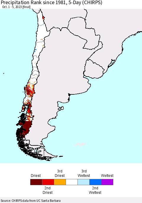 Chile Precipitation Rank since 1981, 5-Day (CHIRPS) Thematic Map For 10/1/2023 - 10/5/2023