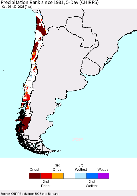 Chile Precipitation Rank since 1981, 5-Day (CHIRPS) Thematic Map For 10/16/2023 - 10/20/2023